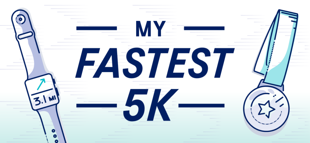 Graphic with a watch and race media that says My Fastest 5K in the middle, My Fastest 5K Training Plan, 5K race training plans, Corinne Fitzgerald running, ASICS Training Plans, ASICS Rnning, Running Guided Plans, Audio plans