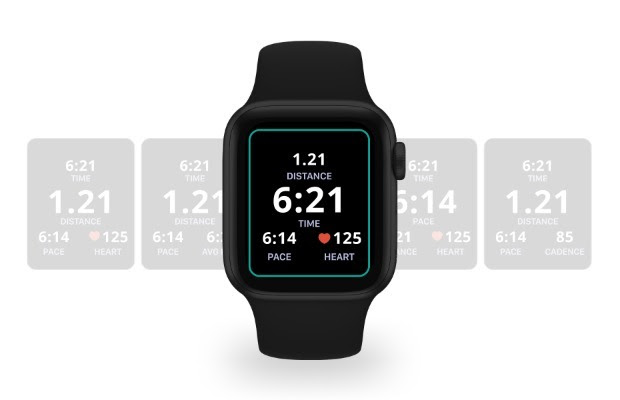 Apple watch showing multiple screens to show the customizable features on the Runkeeper app for Apple Watch. Runkeeper for apple watch, Apple Watch fitness, Apple Watch running, wearables, running technology 
